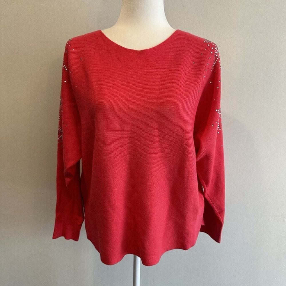 NEW LIV Milano Red Rhinestone Studded Stars Round‎ Neck Sweater Knit Top Size L